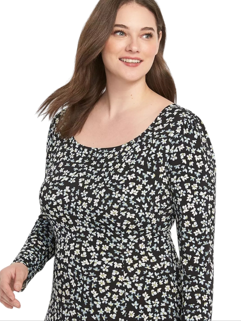 14/16 Floral Midi Black, Blue, White, Long Sleeve Dress Slit Ruched Back Stretch